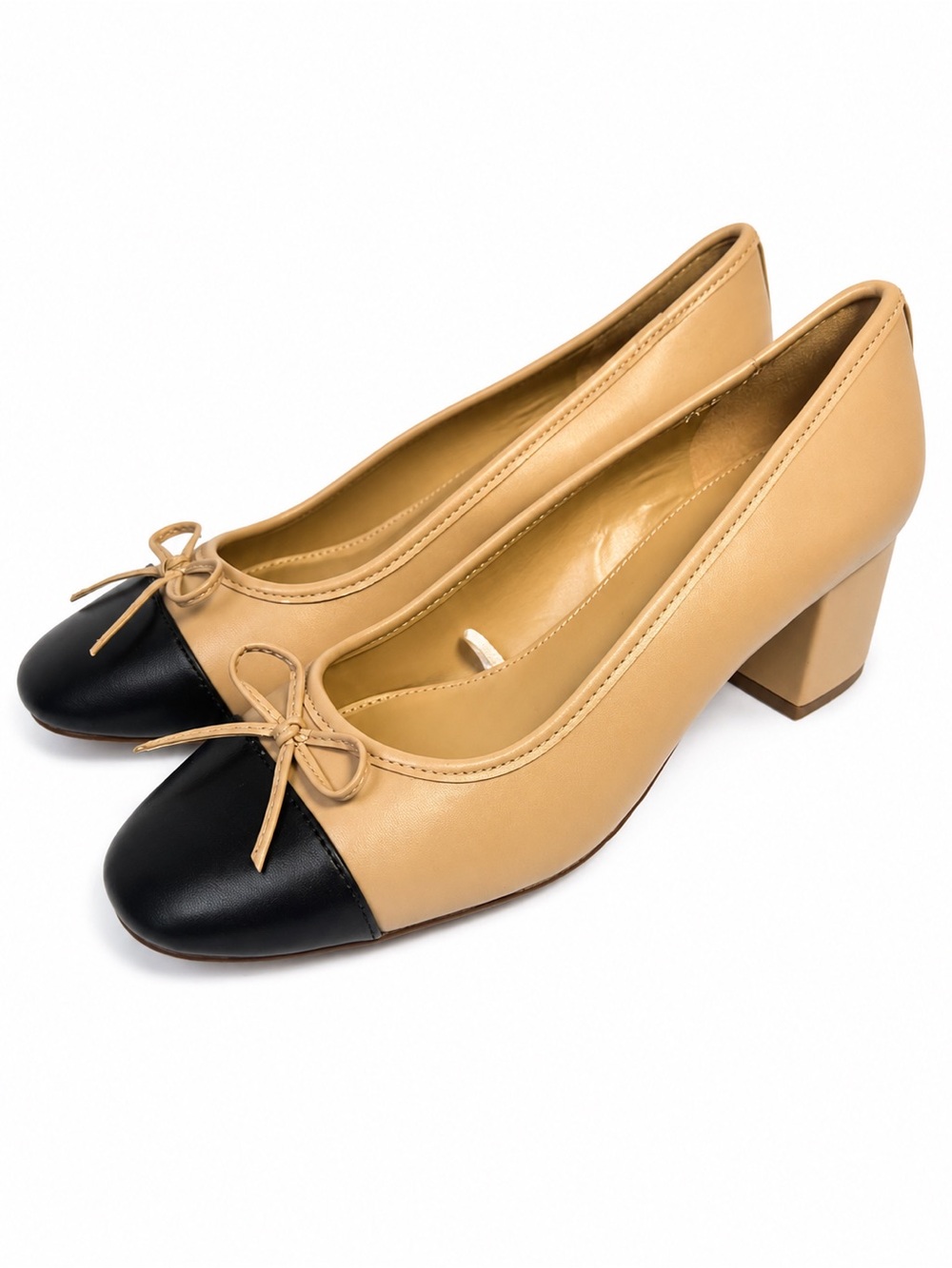 J. Crew Women’s Beige/Black Colorblock Cap Toe Ballet Bow Block Heels Pumps US 9